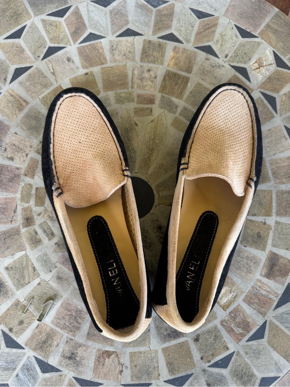 Vaneli Beige and Black Perforated Slip-On Loafers